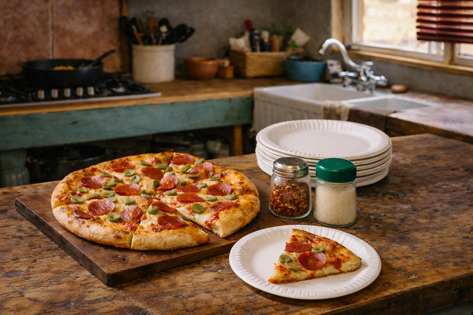 homemade pizza on wooden board in cozy kitchen