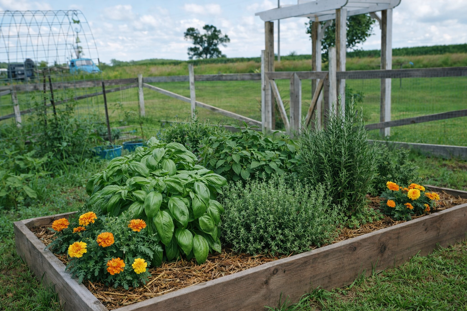 small kitchen herb garden with basil thyme oregano and rosemary growing in raised beds
