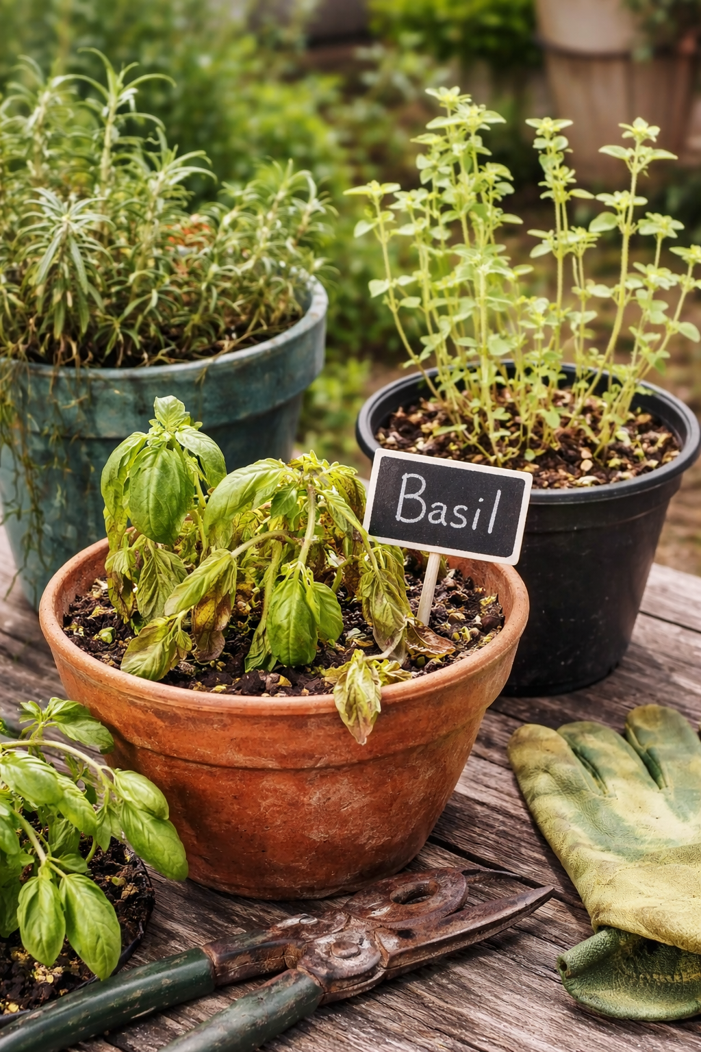 potted kitchen herbs showing common beginner herb gardening mistakes like overwatering basil and leggy oregano