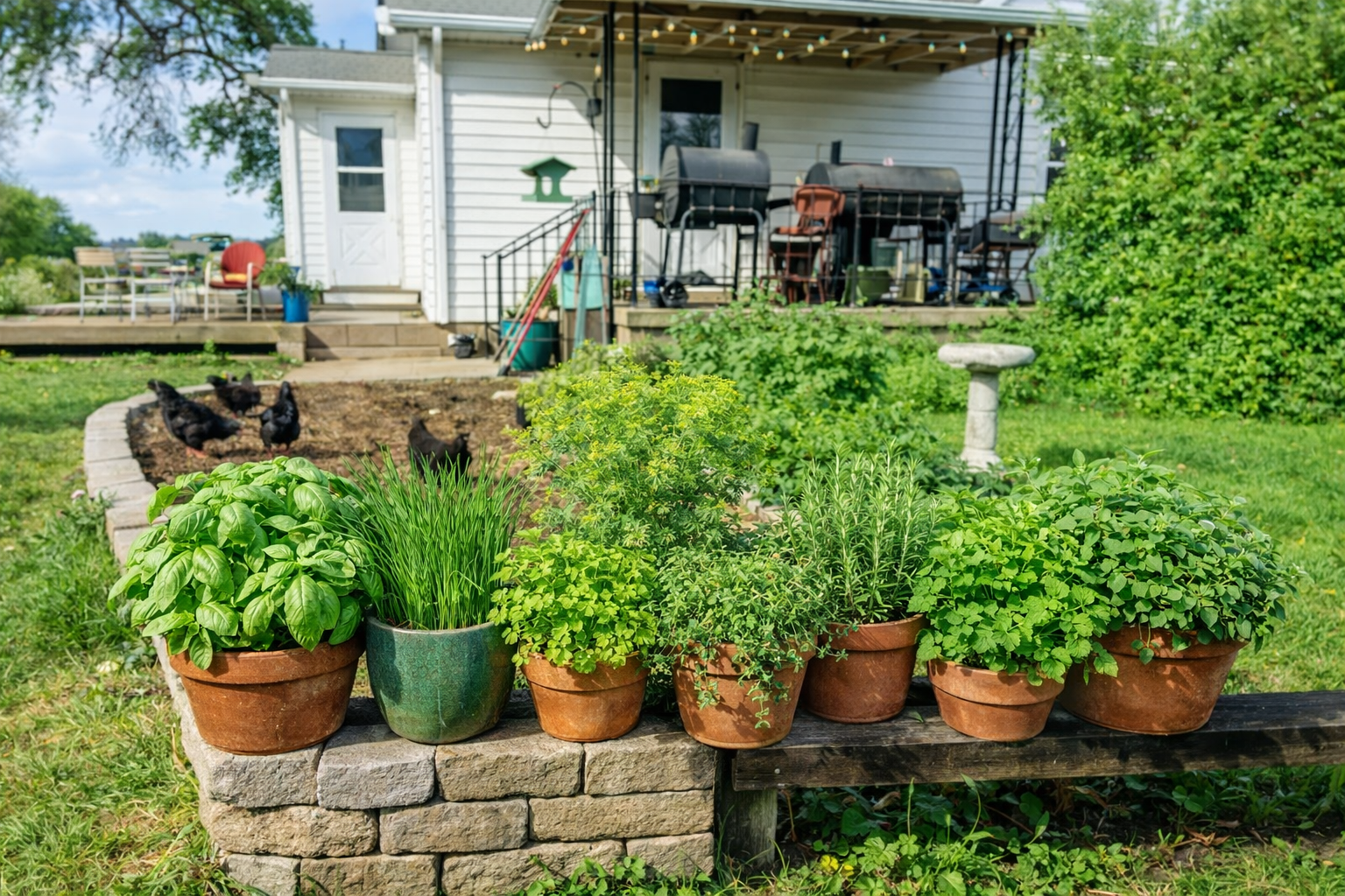 basil thyme oregano and chives growing in pots on a farmhouse porch garden