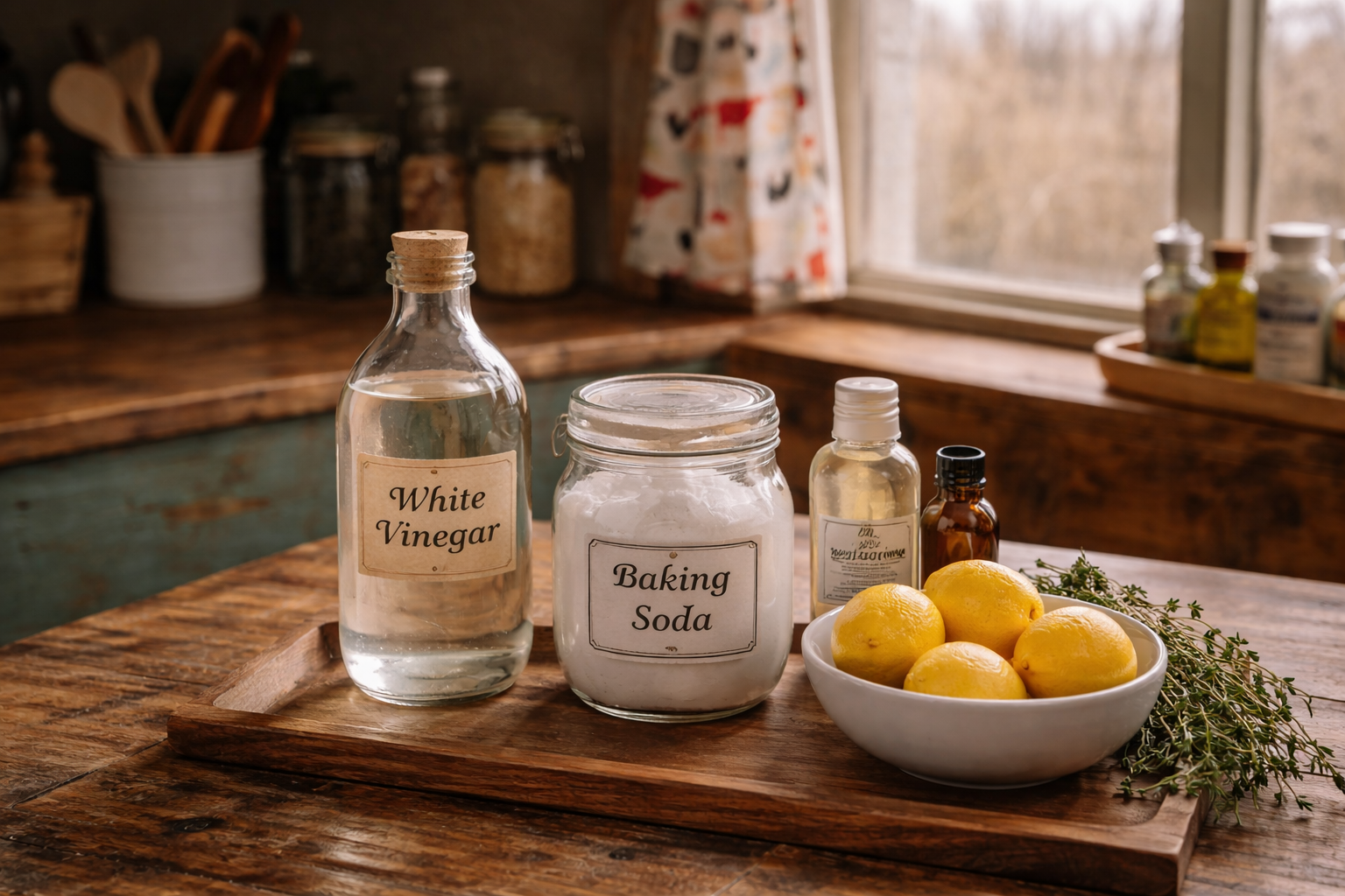Homemade spring cleaning ingredients including white vinegar, baking soda, lemons, and thyme on a rustic kitchen counter