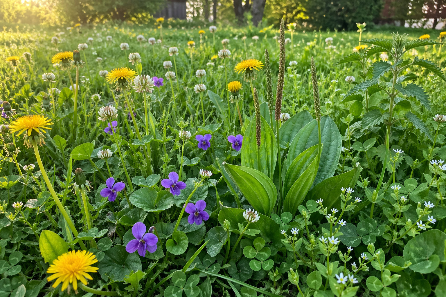 Natural backyard lawn with dandelions, clover, violets, plantain, and wild plants growing in spring sunlight