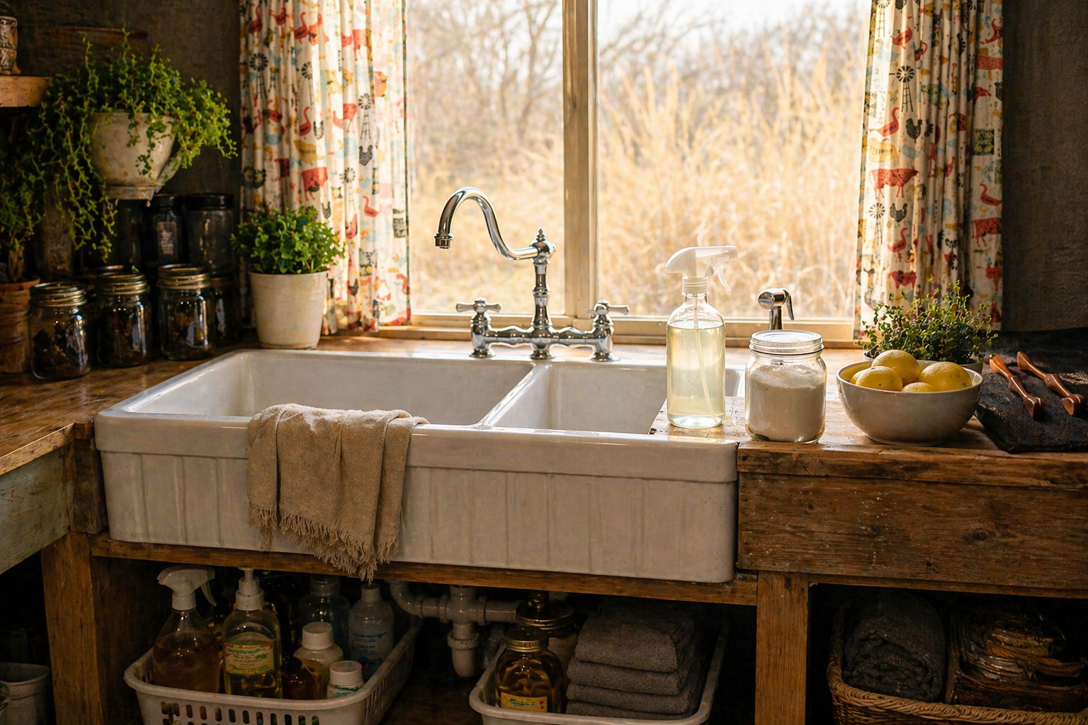 Warm rustic kitchen with farmhouse sink, sunlight through window, herbs, lemons, and simple homemaking details