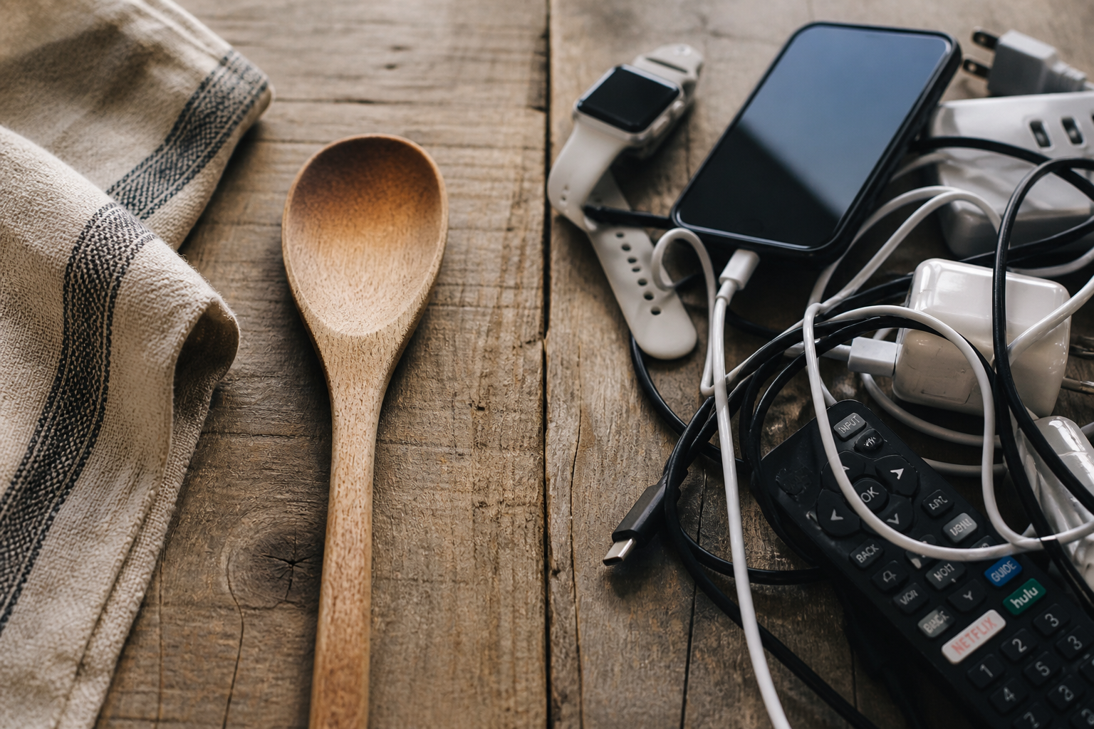 Wooden spoon on a rustic table beside tangled cords and modern devices