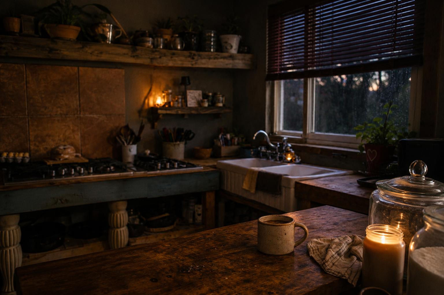 Warm rustic farmhouse kitchen at dusk with candlelight, coffee mug, and rain outside the window creating a cozy lived-in atmosphere.
