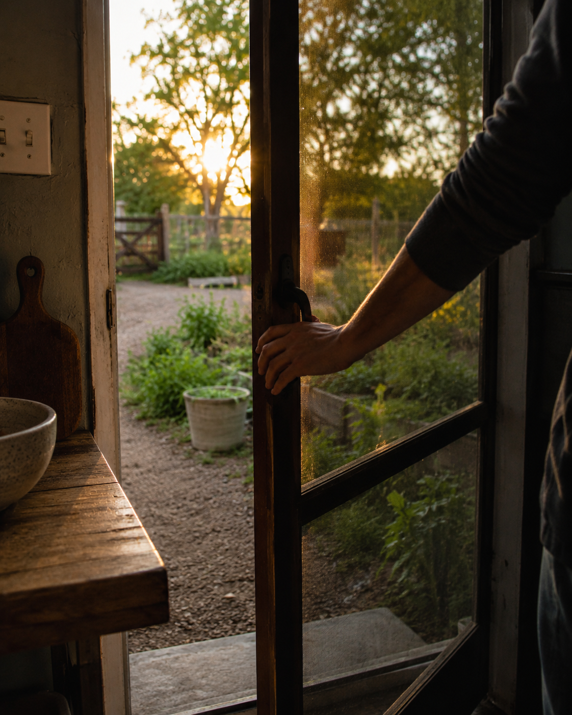 Hand closing an old screen door at sunset with a quiet garden and gravel path outside a rustic home.